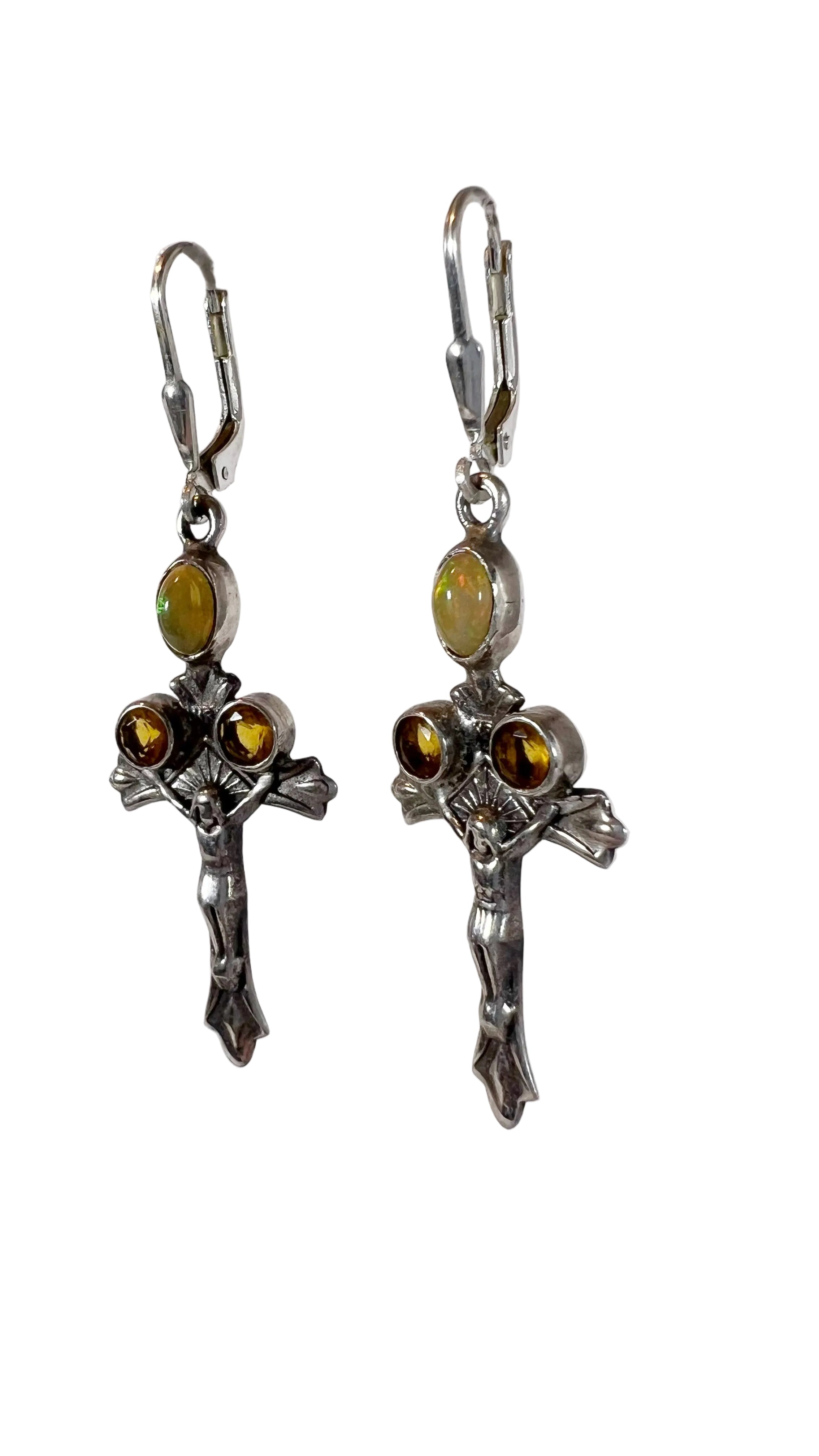 Vintage Sterling Silver Cross Earrings with Opal Cabochons