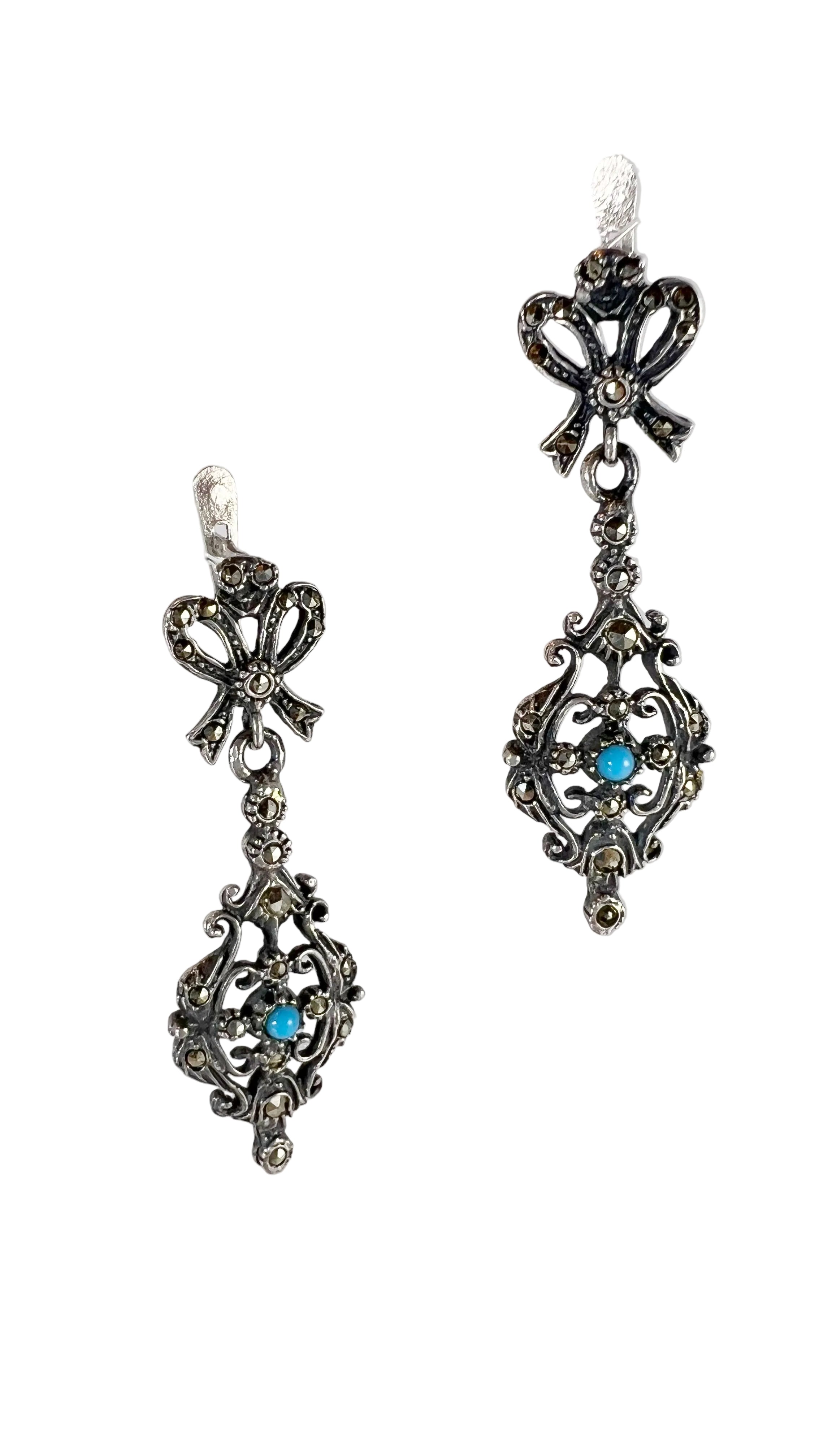 Vintage Sterling Silver Marcasite Bow Drop Earrings with Turquoise