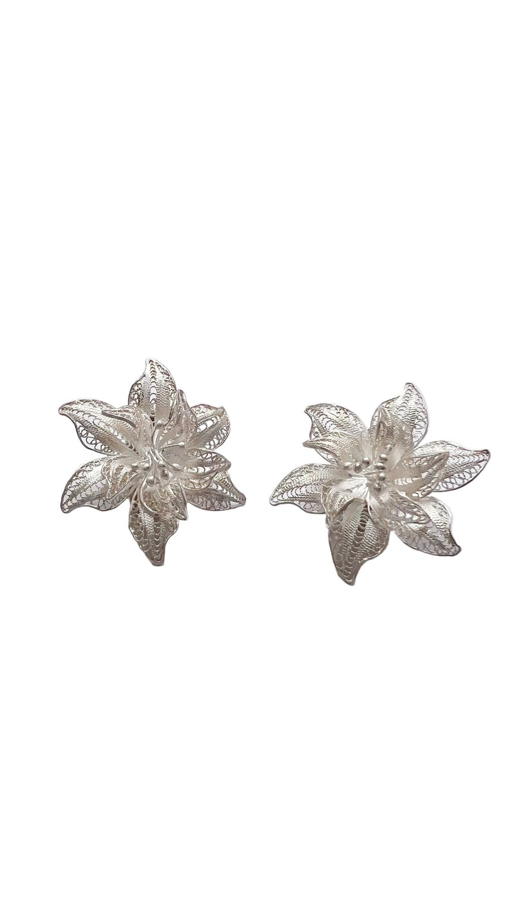 Vintage Sterling Silver Filigree Flower Clip-On Earrings