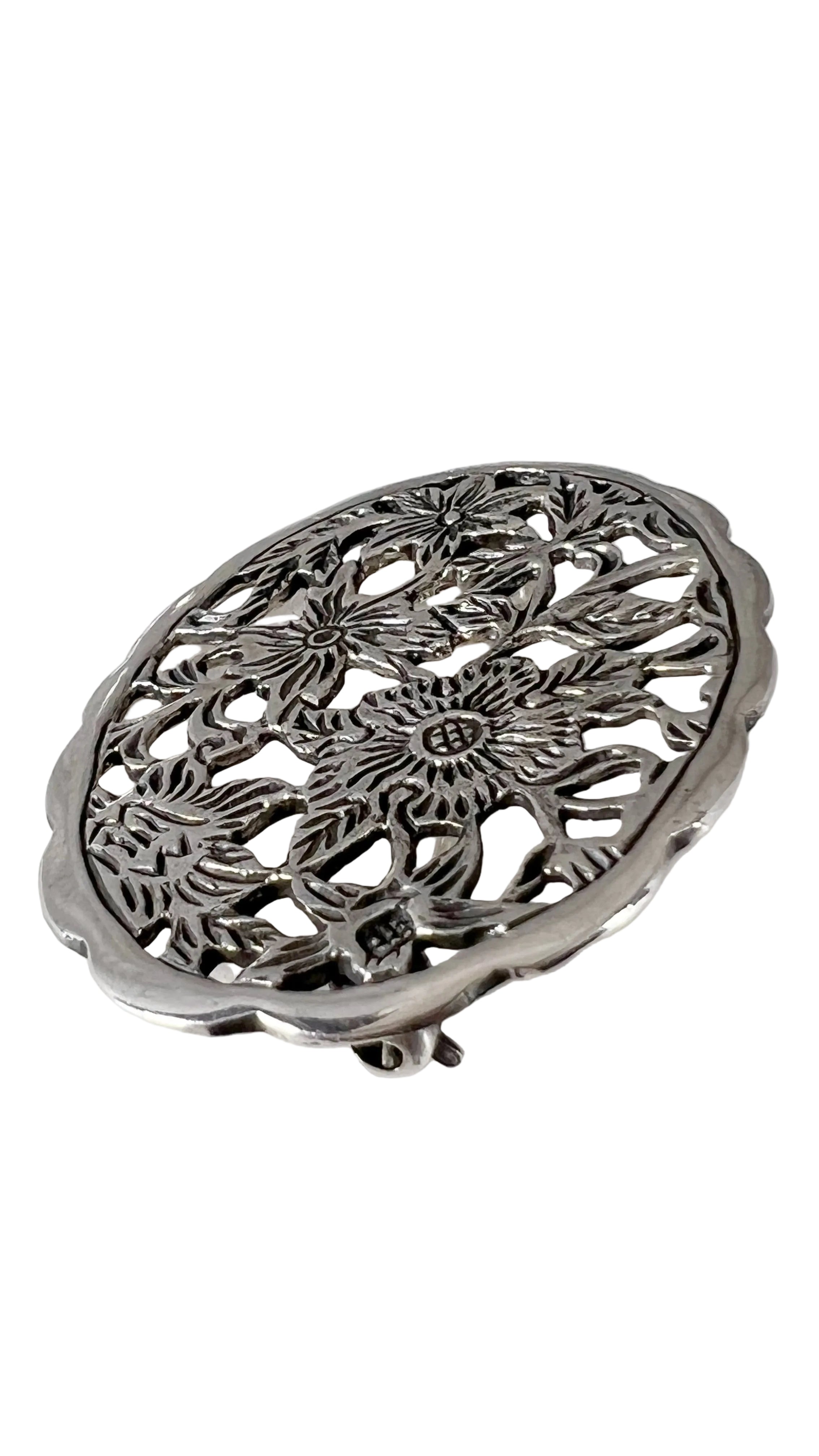 Vintage Sterling Silver Openwork Floral Brooch