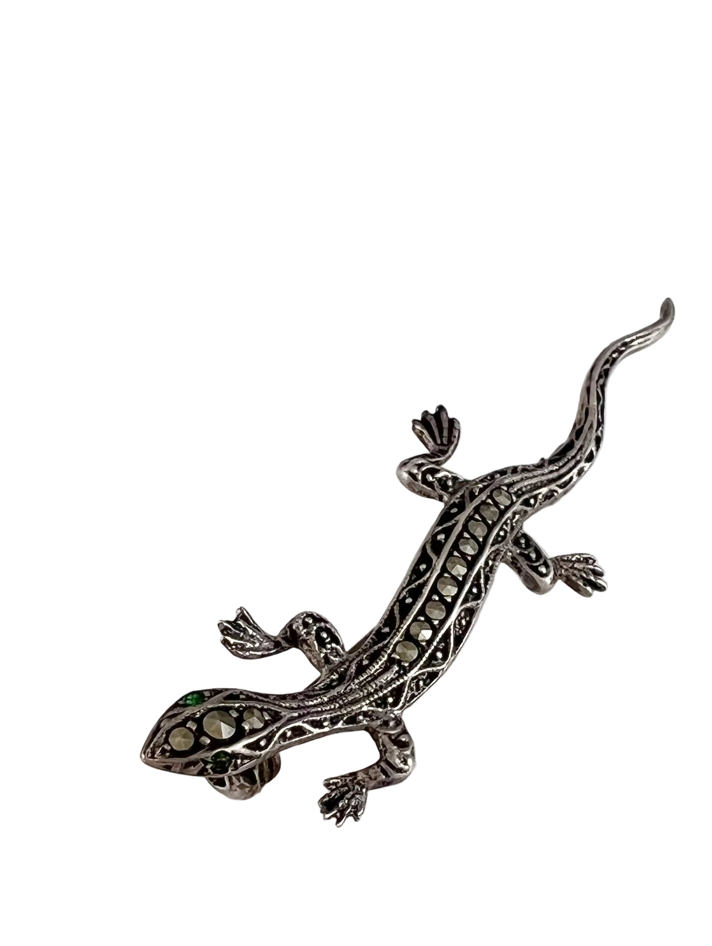 Vintage Sterling Silver Marcasite Lizard Brooch with Green Eyes