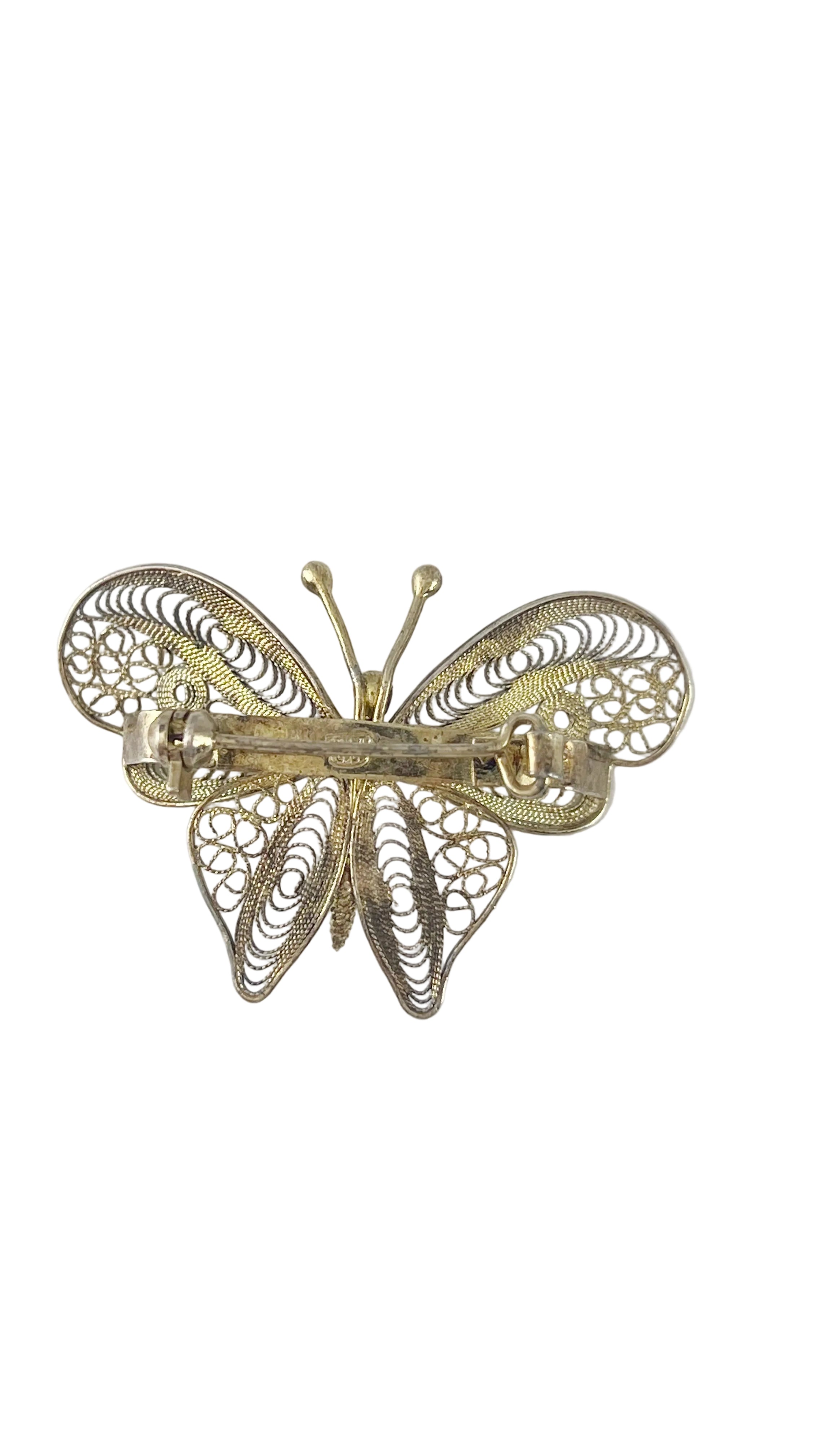 Vintage Gilded Sterling Silver Filigree Butterfly Brooch