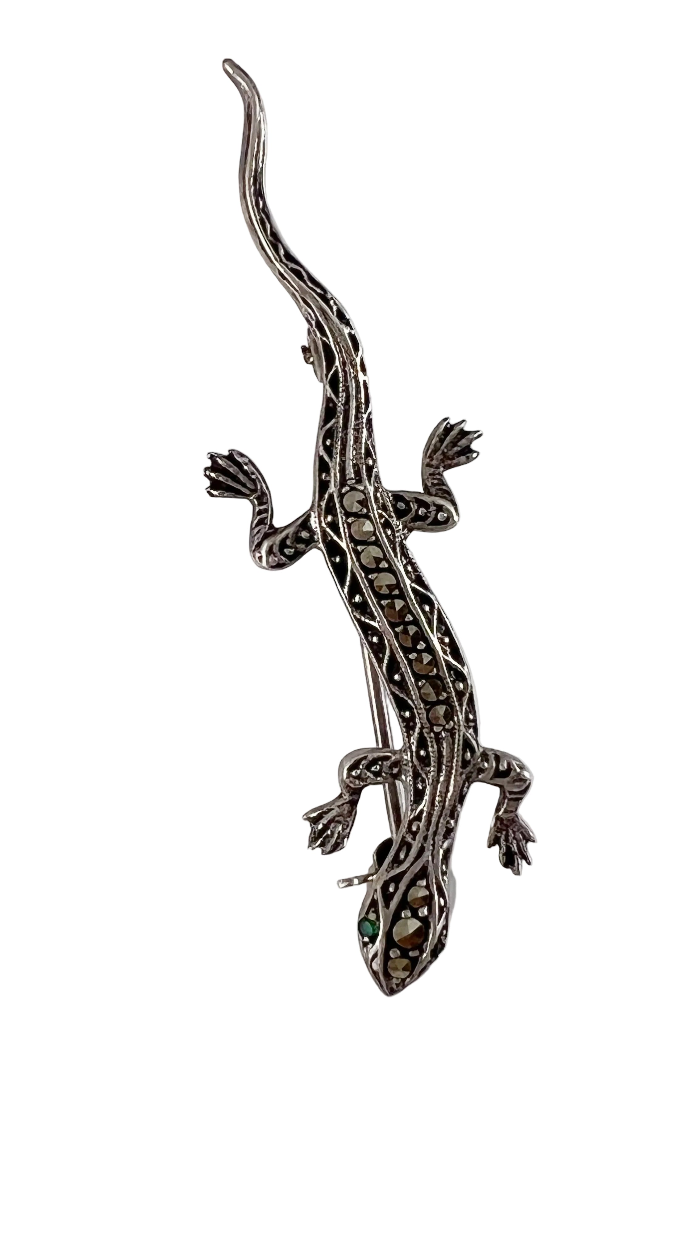 Vintage Sterling Silver Marcasite Lizard Brooch with Green Eyes