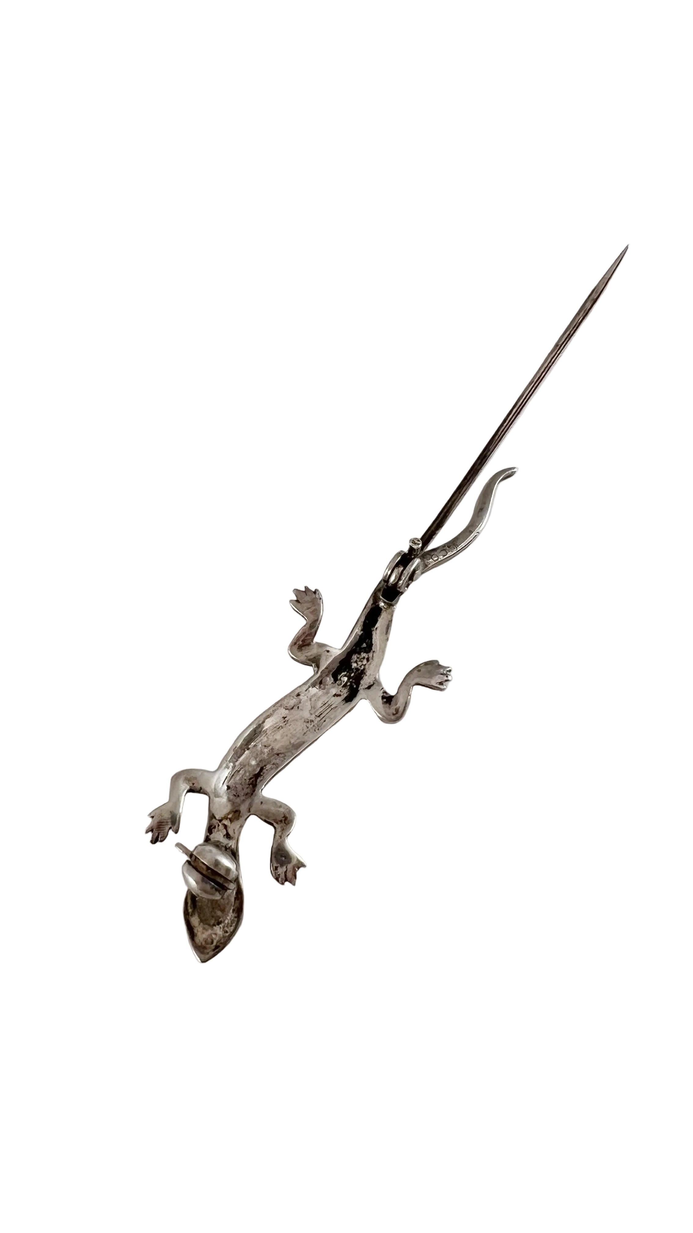 Vintage Sterling Silver Marcasite Lizard Brooch with Green Eyes