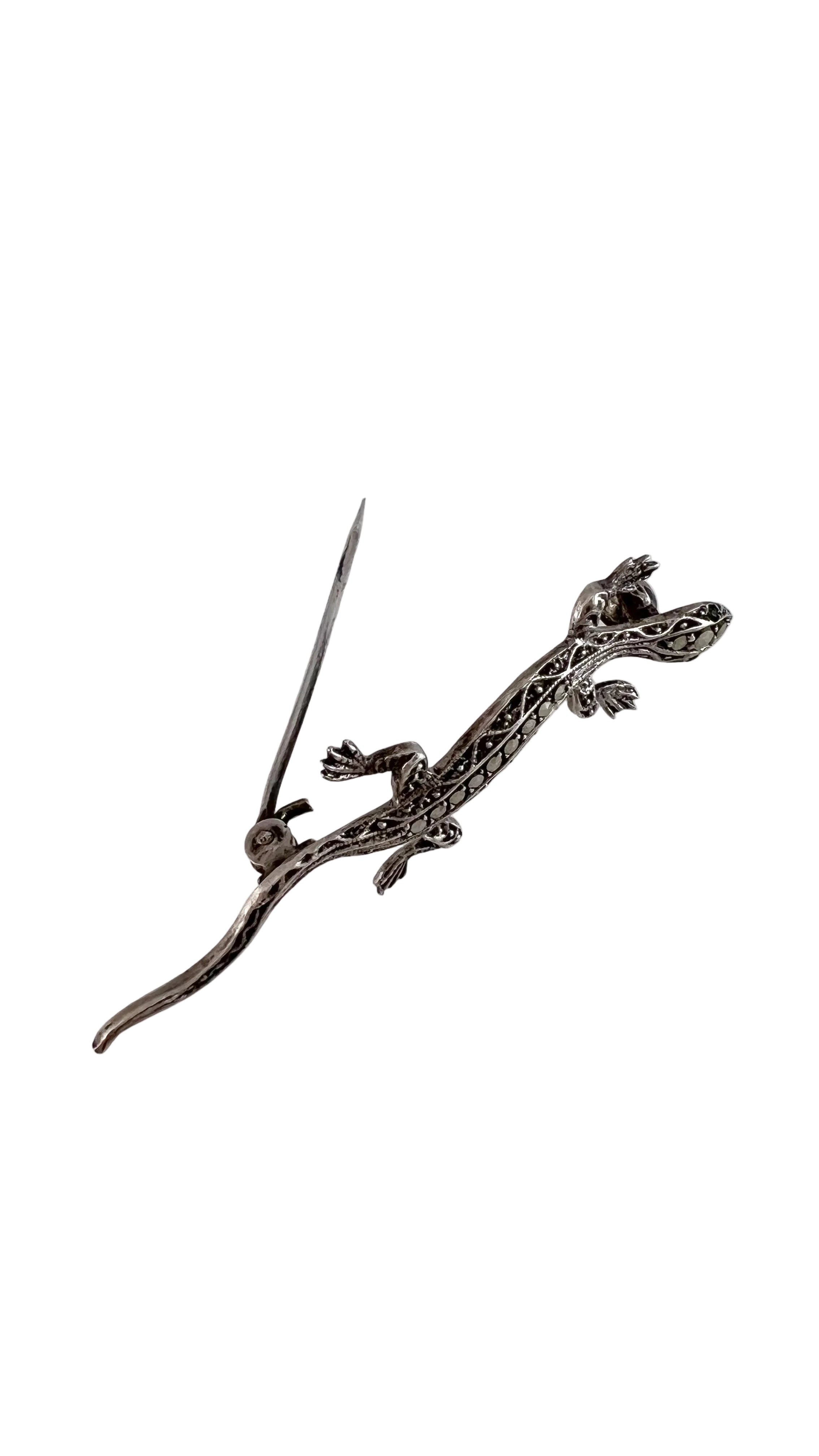 Vintage Sterling Silver Marcasite Lizard Brooch with Green Eyes