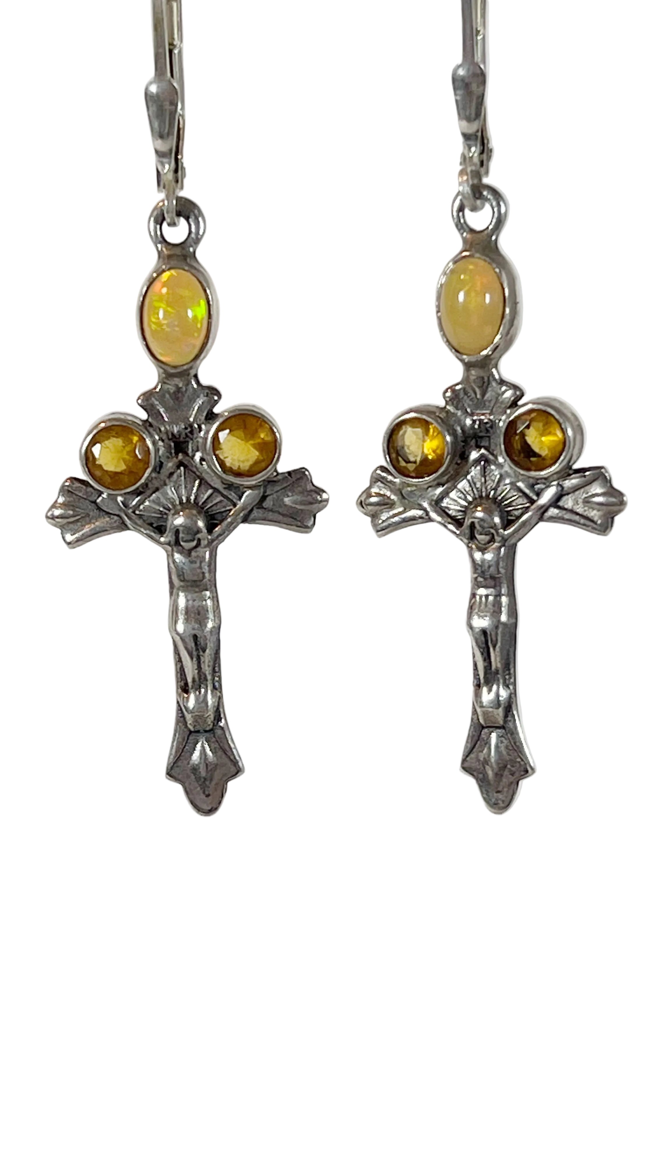 Vintage Sterling Silver Cross Earrings with Opal Cabochons