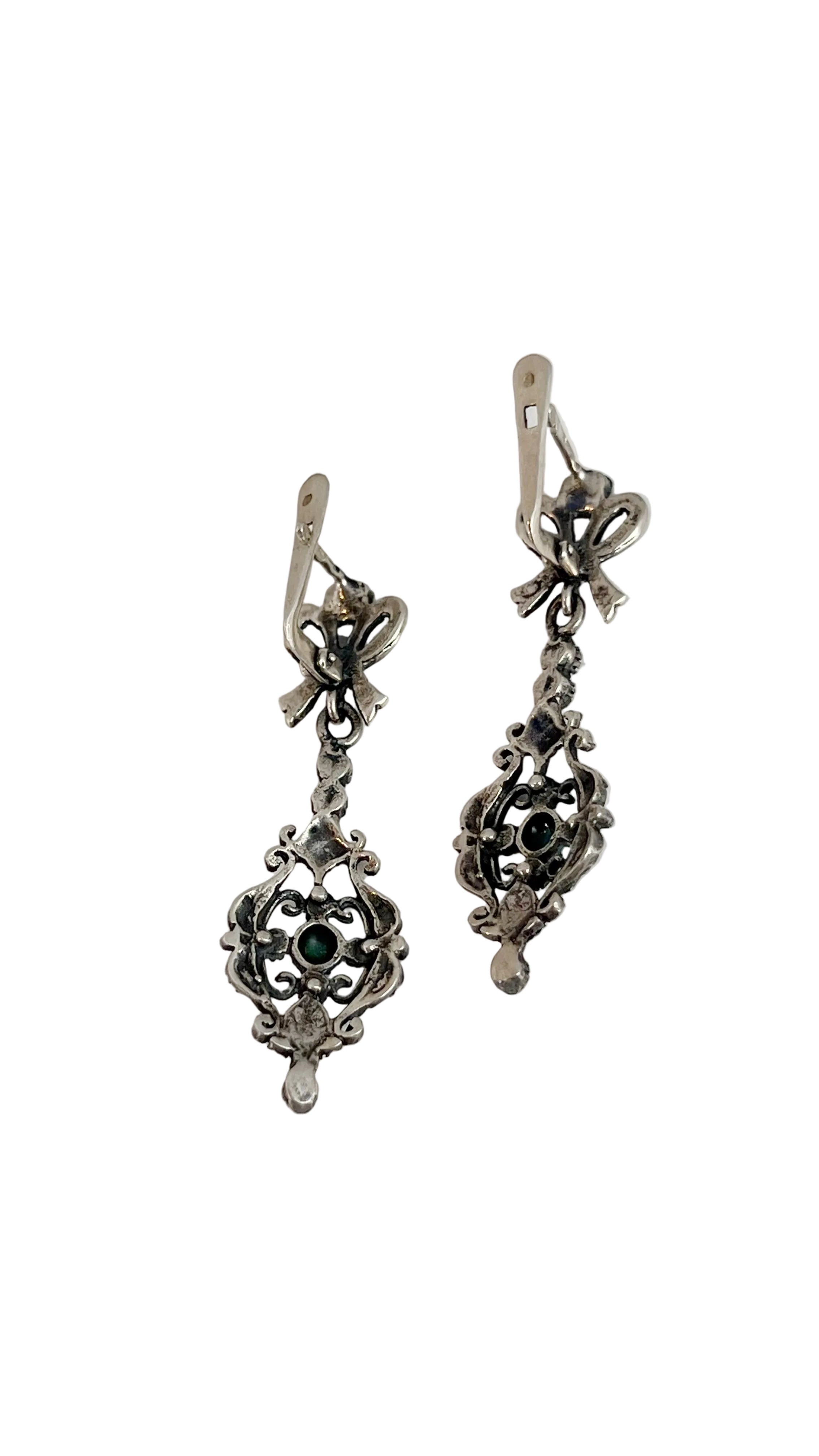 Vintage Sterling Silver Marcasite Bow Drop Earrings with Turquoise