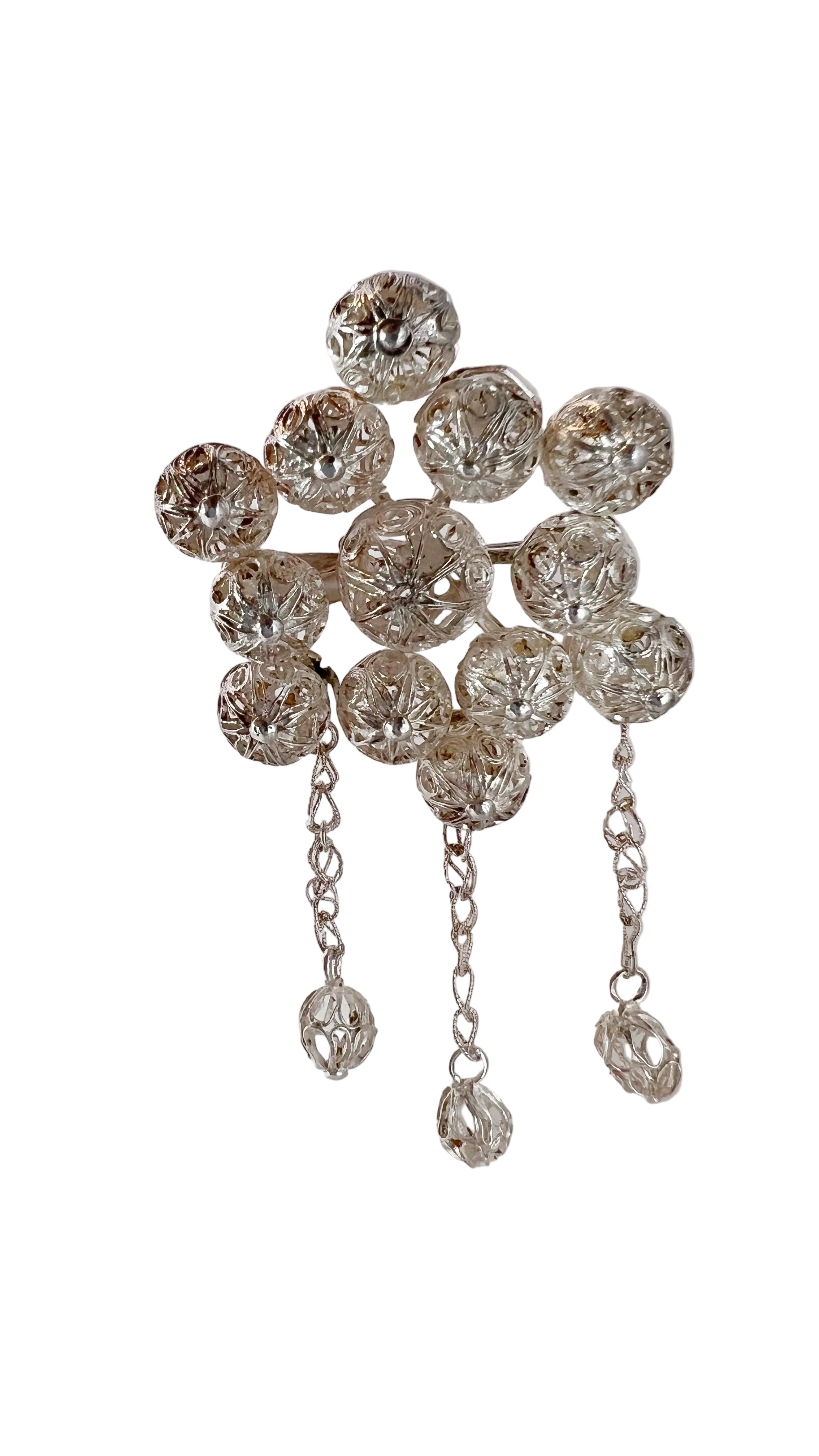 Vintage Sterling Silver Filigree Bead Brooch with Dangles