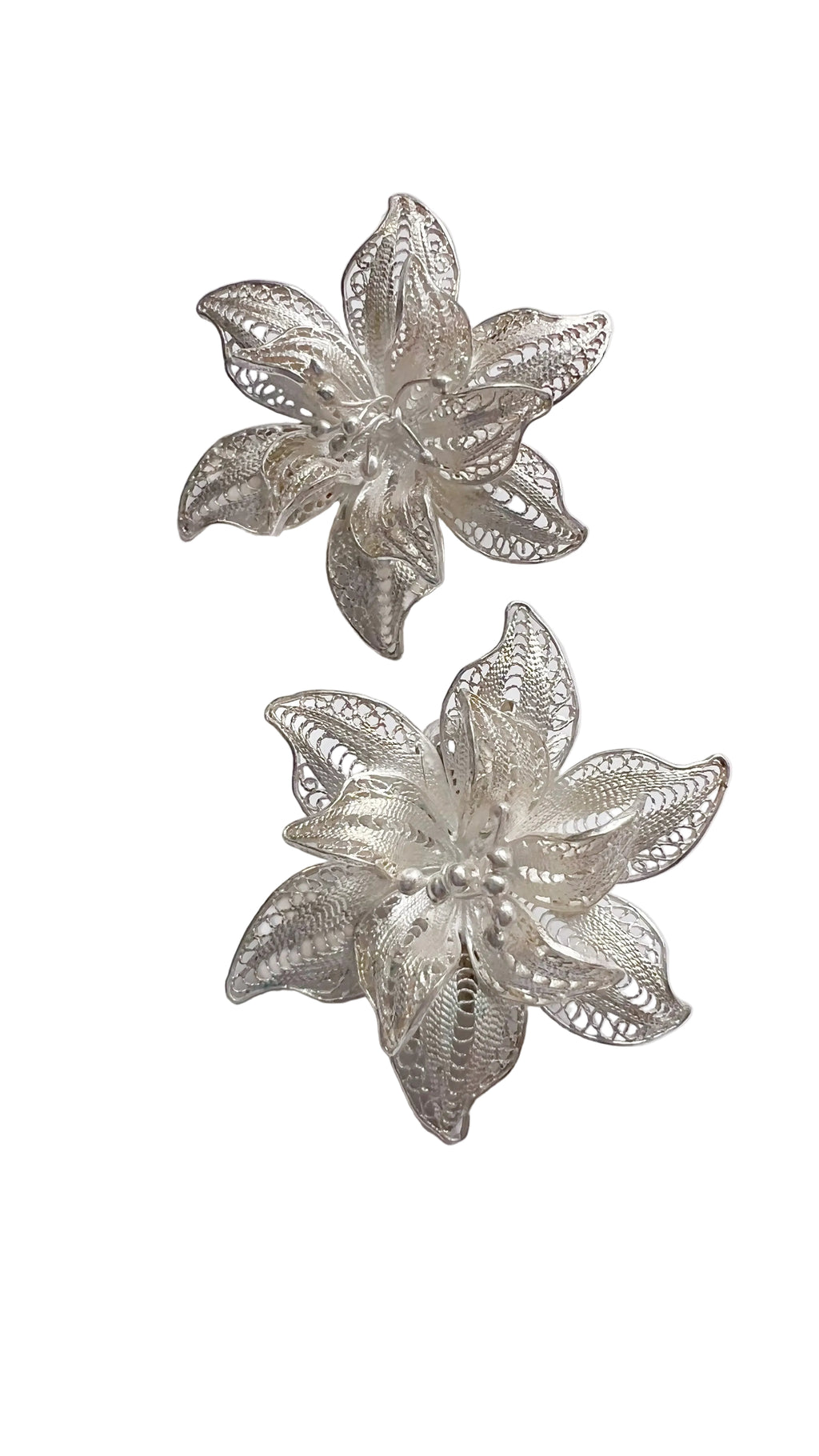 Vintage Sterling Silver Filigree Flower Clip-On Earrings