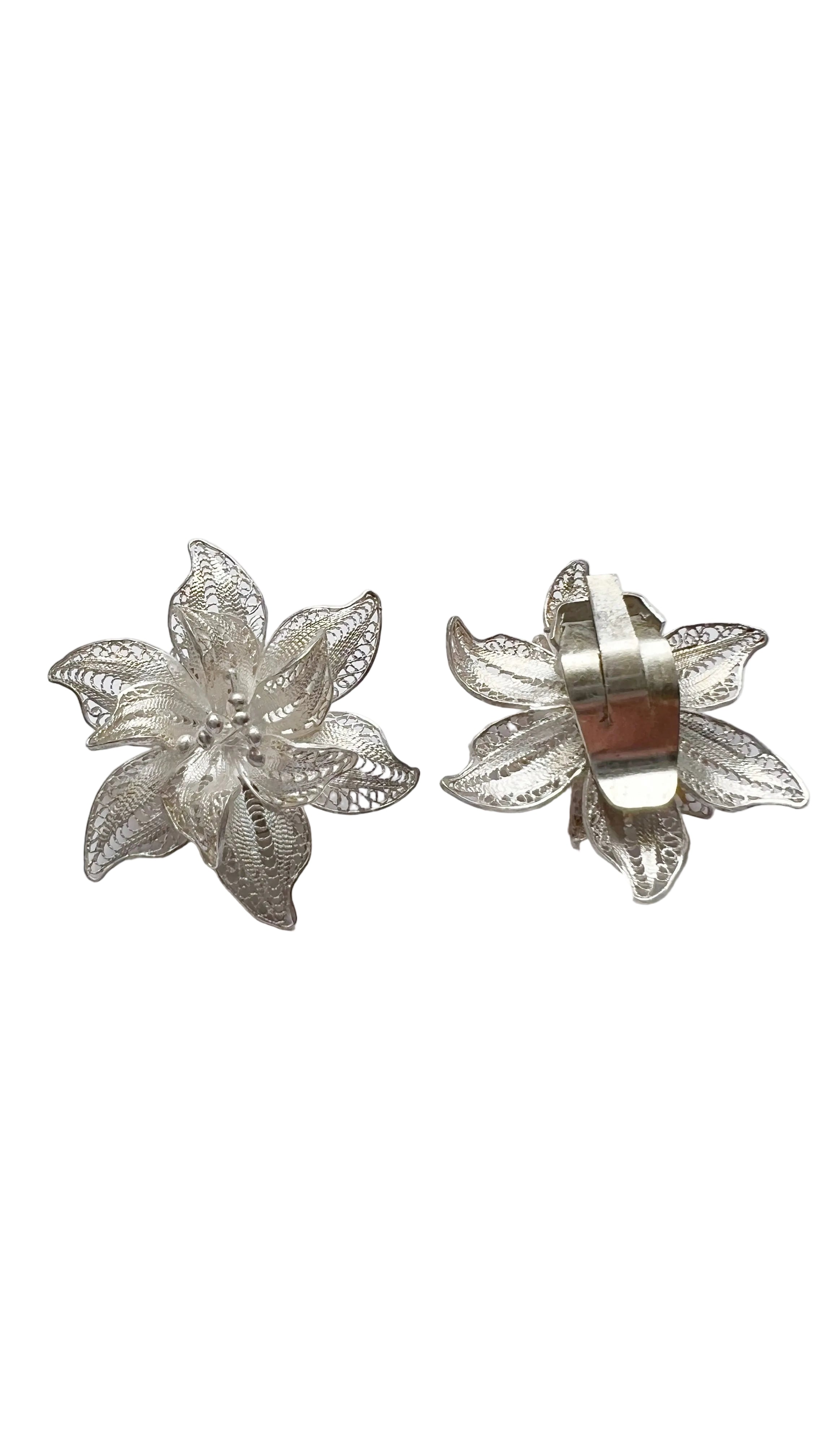 Vintage Sterling Silver Filigree Flower Clip-On Earrings