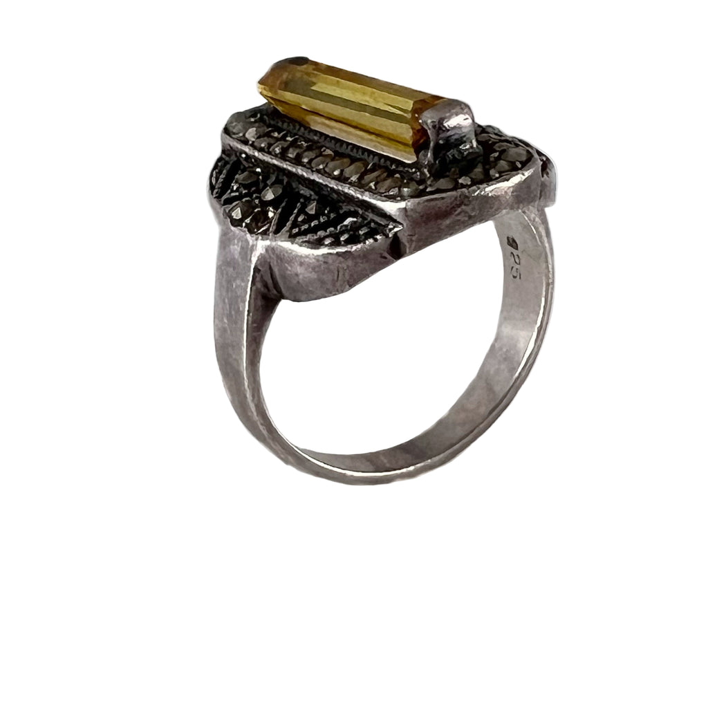 Vintage Sterling Silver Ring with Yellow Baguette Stone and Marcasite