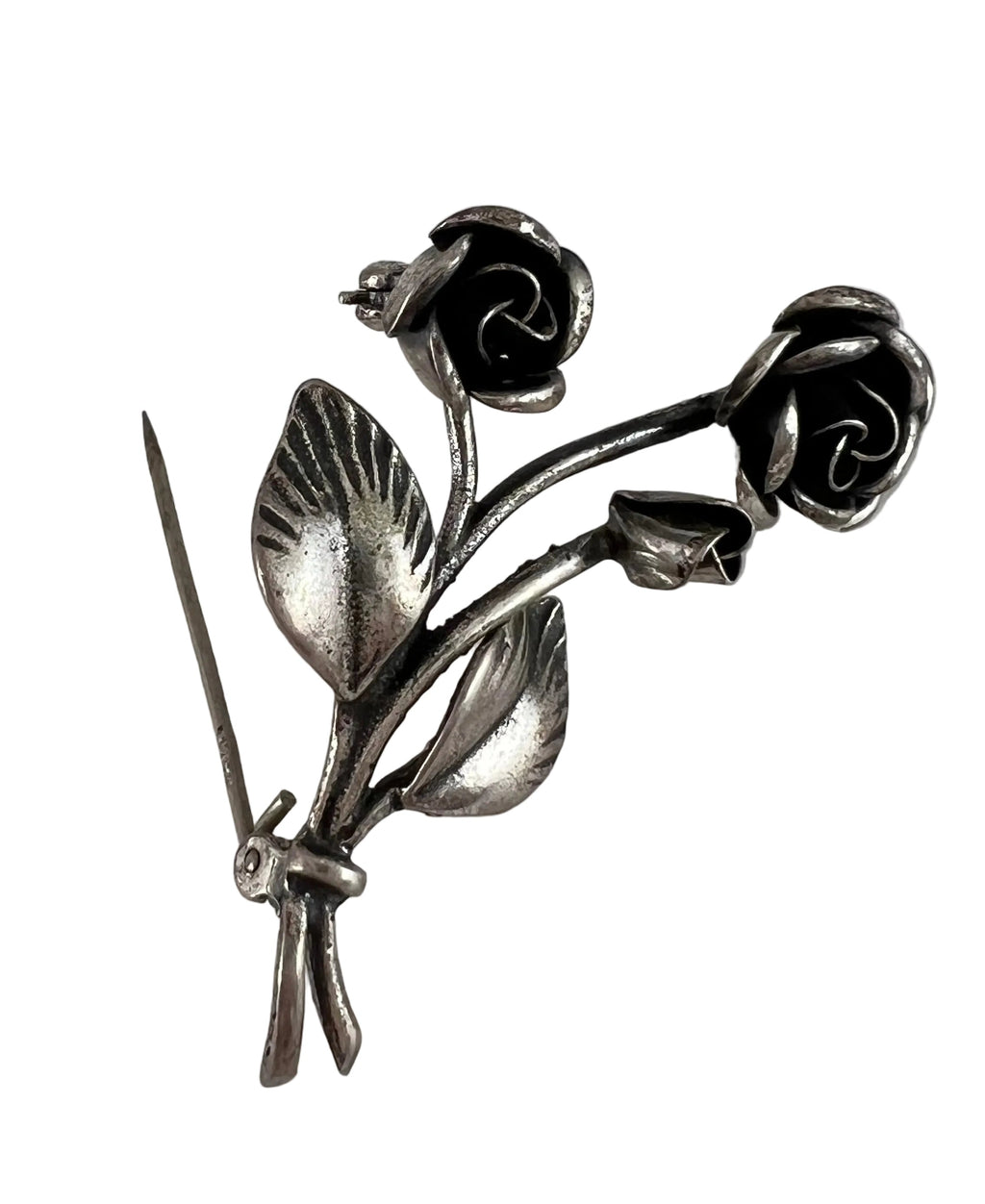 Vintage Sterling Silver Double Rose Flower Brooch