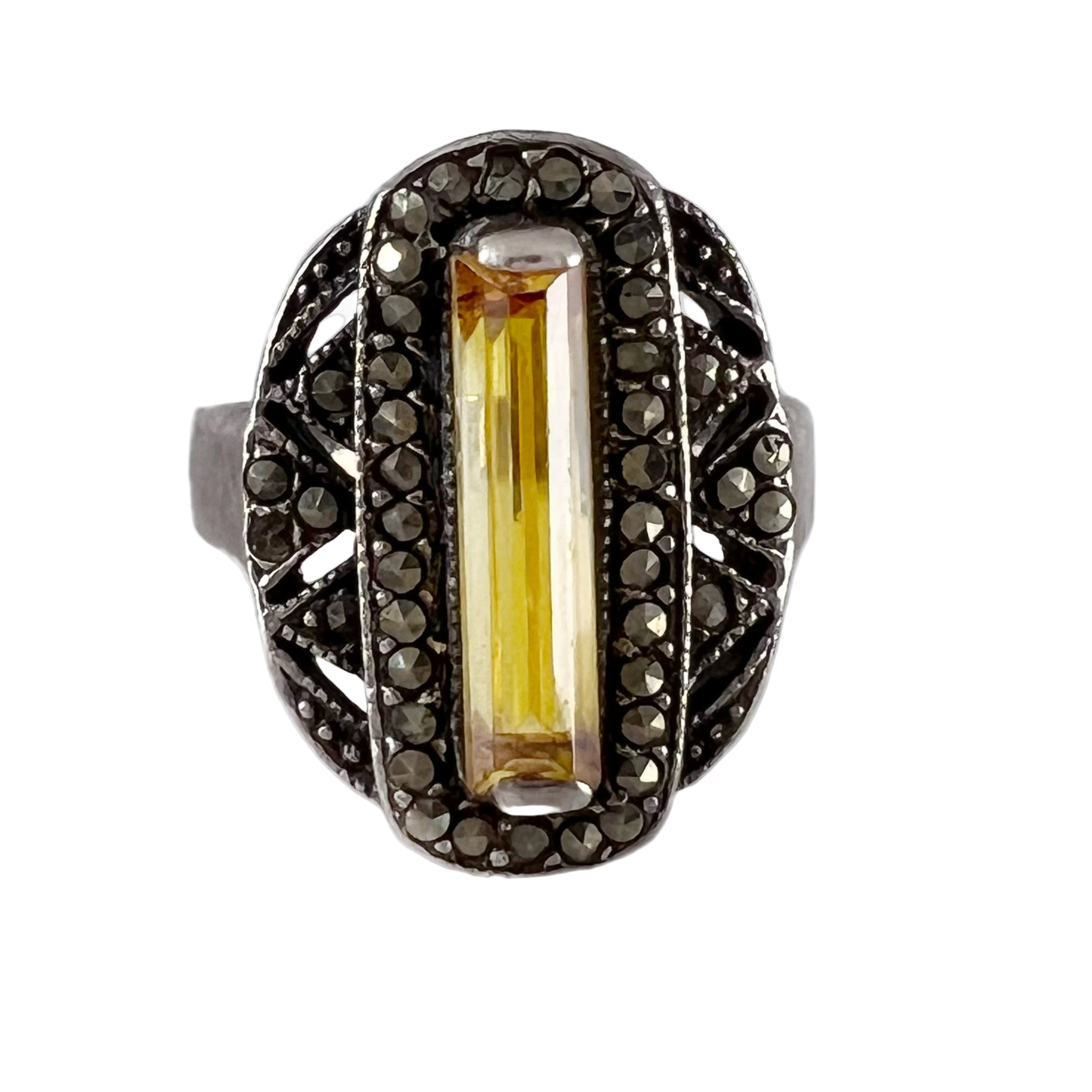 Vintage Sterling Silver Ring with Yellow Baguette Stone and Marcasite