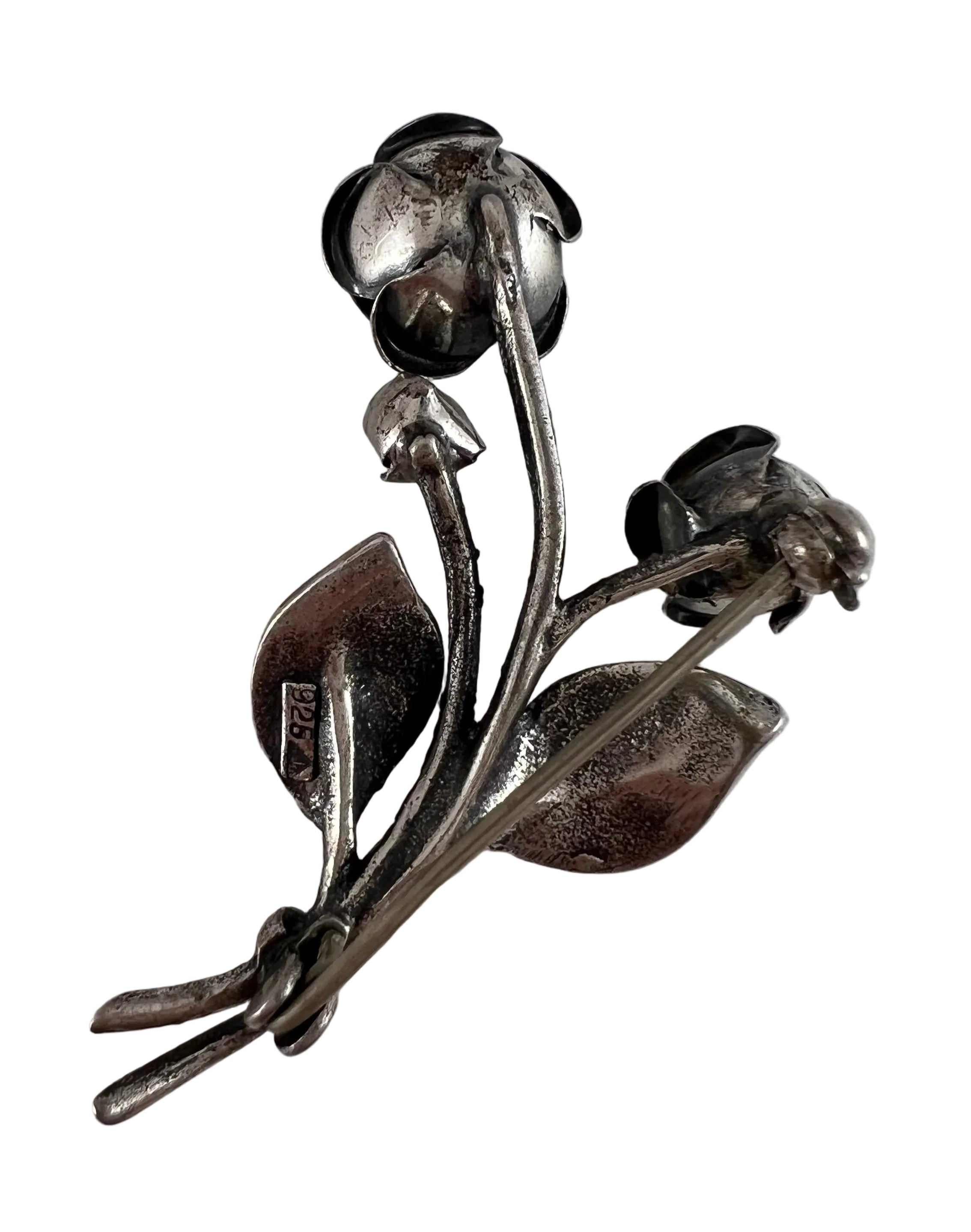 Vintage Sterling Silver Double Rose Flower Brooch