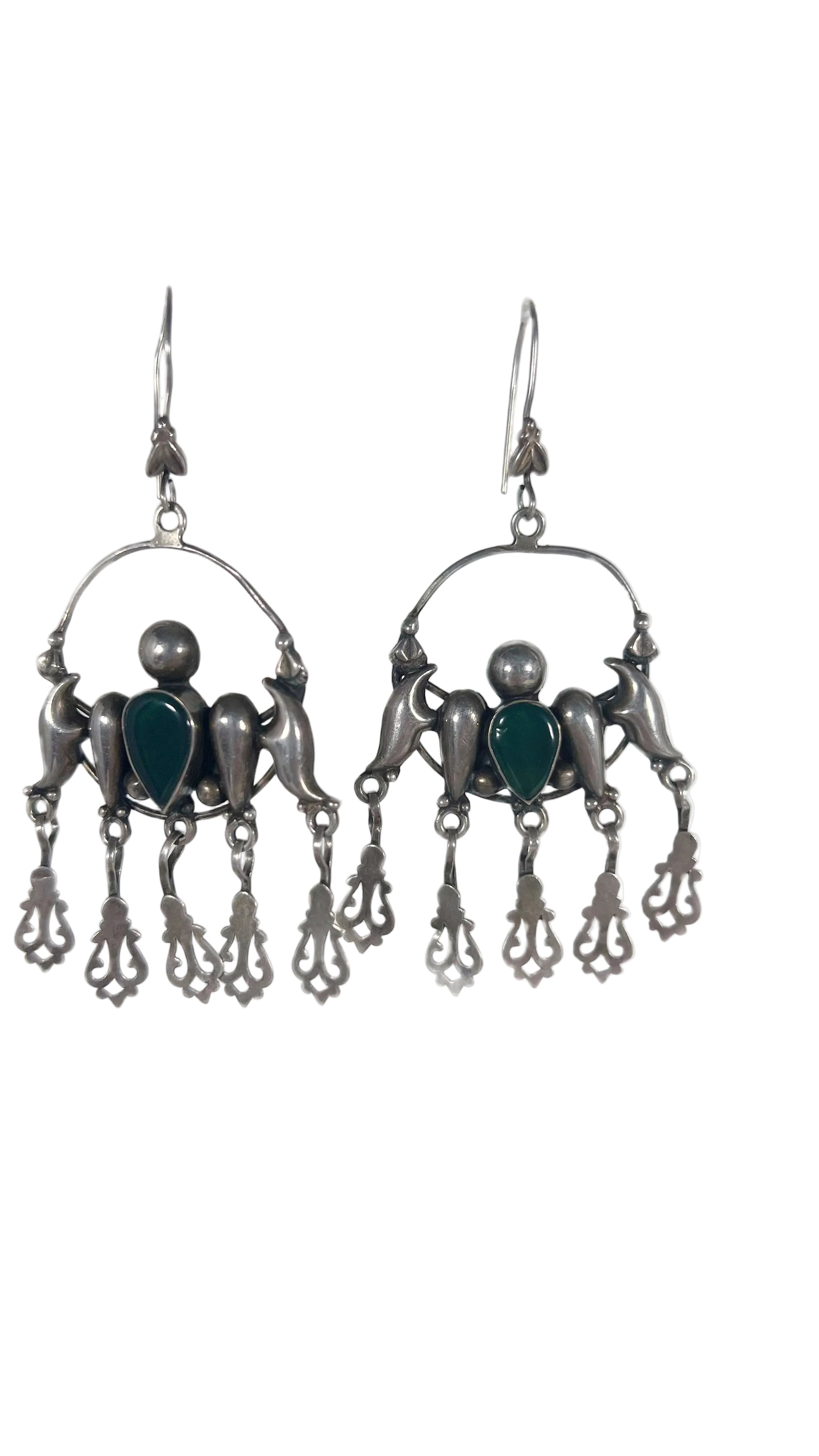 Vintage Sterling Silver Dangle Earrings with Green Teardrop Stones