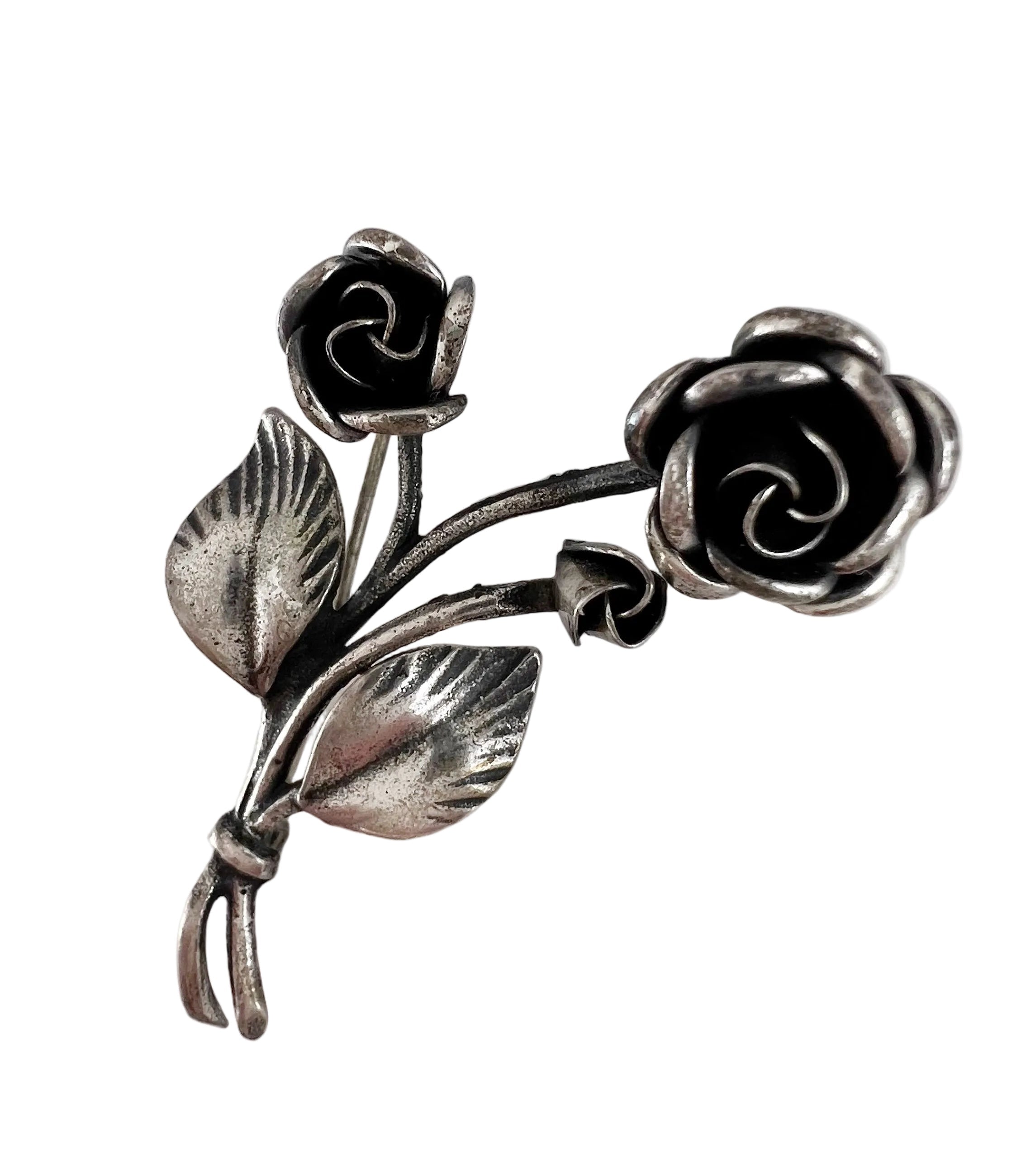 Vintage Sterling Silver Double Rose Flower Brooch