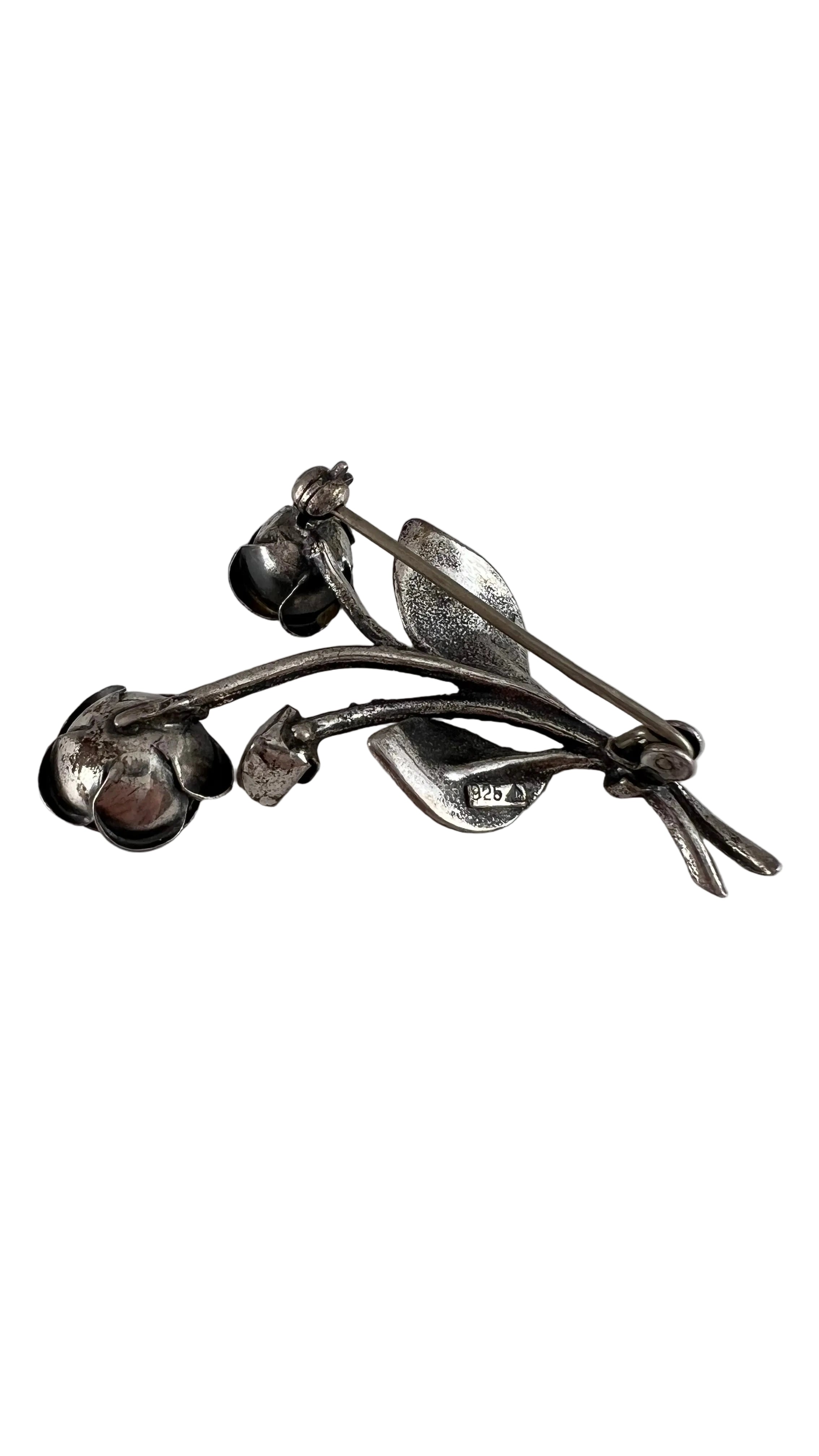 Vintage Sterling Silver Double Rose Flower Brooch