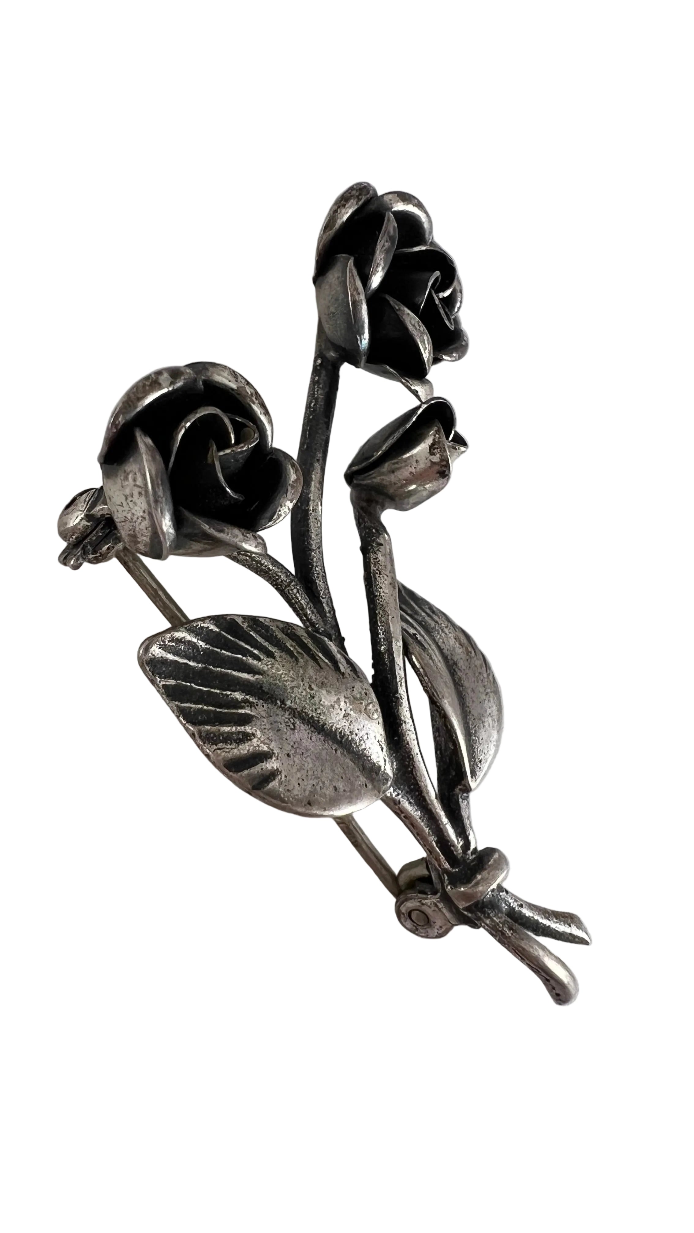 Vintage Sterling Silver Double Rose Flower Brooch