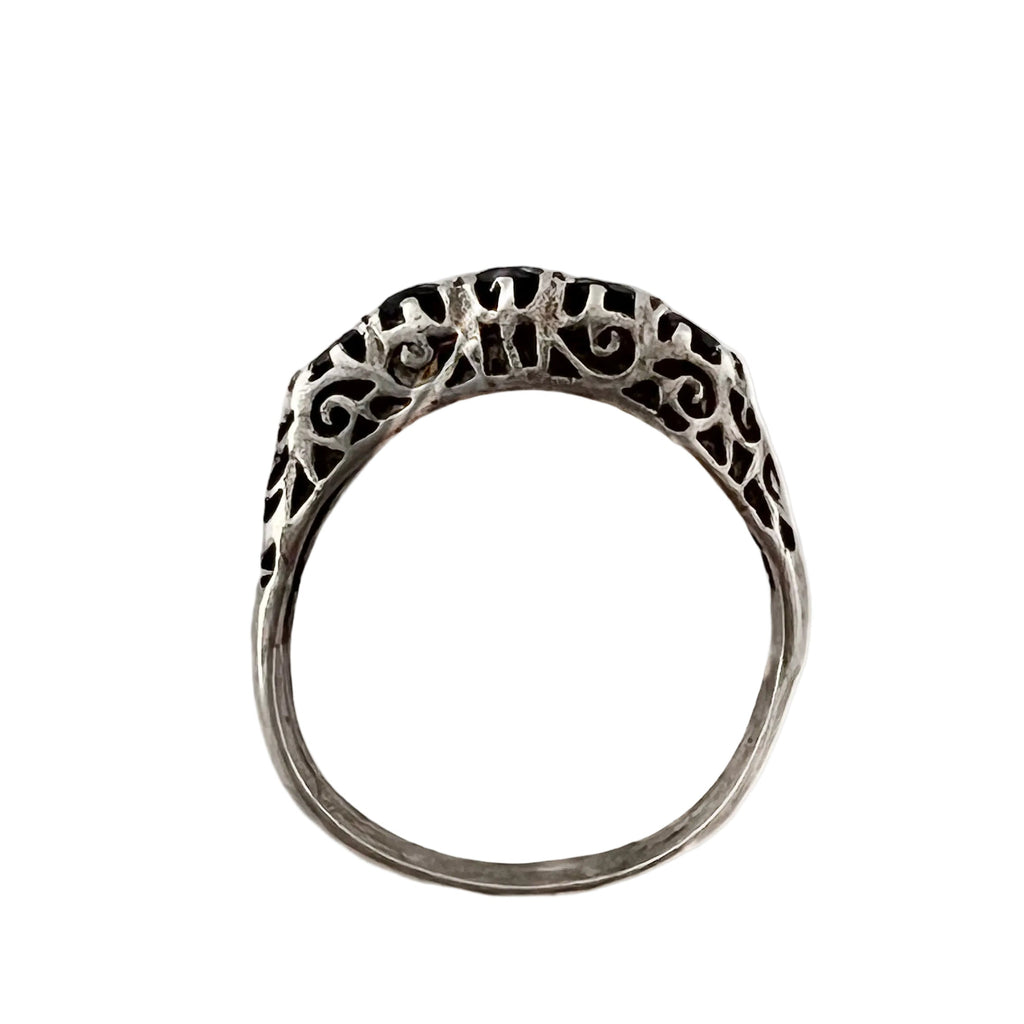 Vintage Sterling Silver Filigree Ring with Dark Blue Sapphires