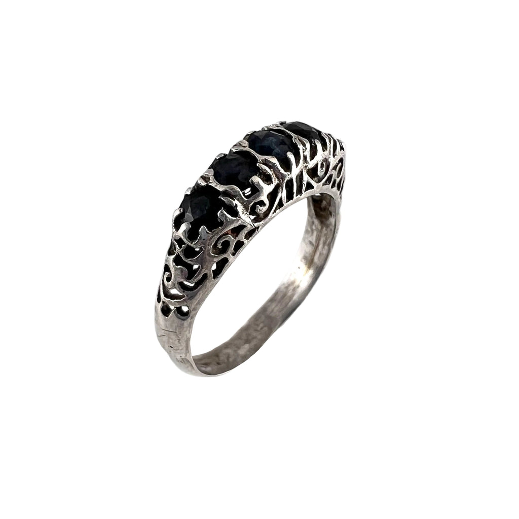 Vintage Sterling Silver Filigree Ring with Dark Blue Sapphires