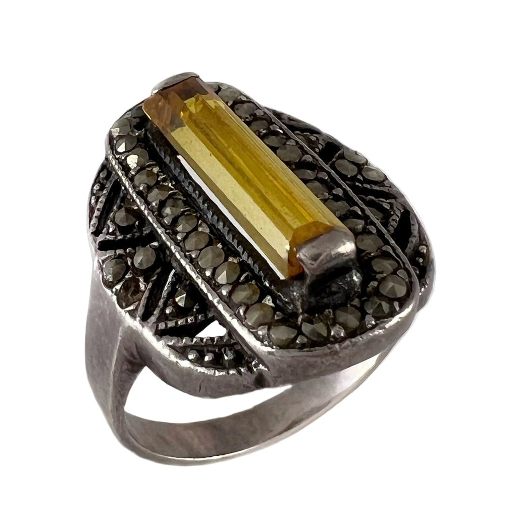 Vintage Sterling Silver Ring with Yellow Baguette Stone and Marcasite