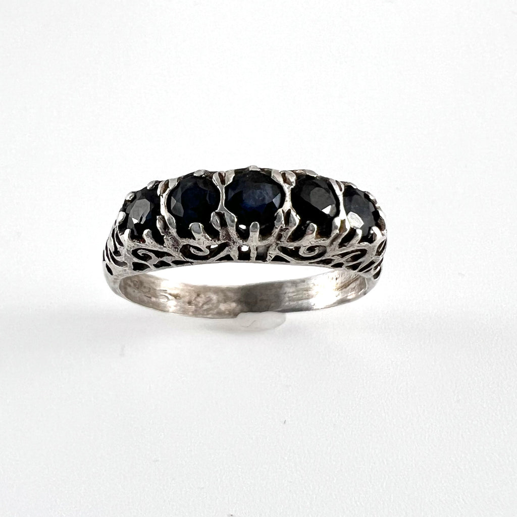 Vintage Sterling Silver Filigree Ring with Dark Blue Sapphires