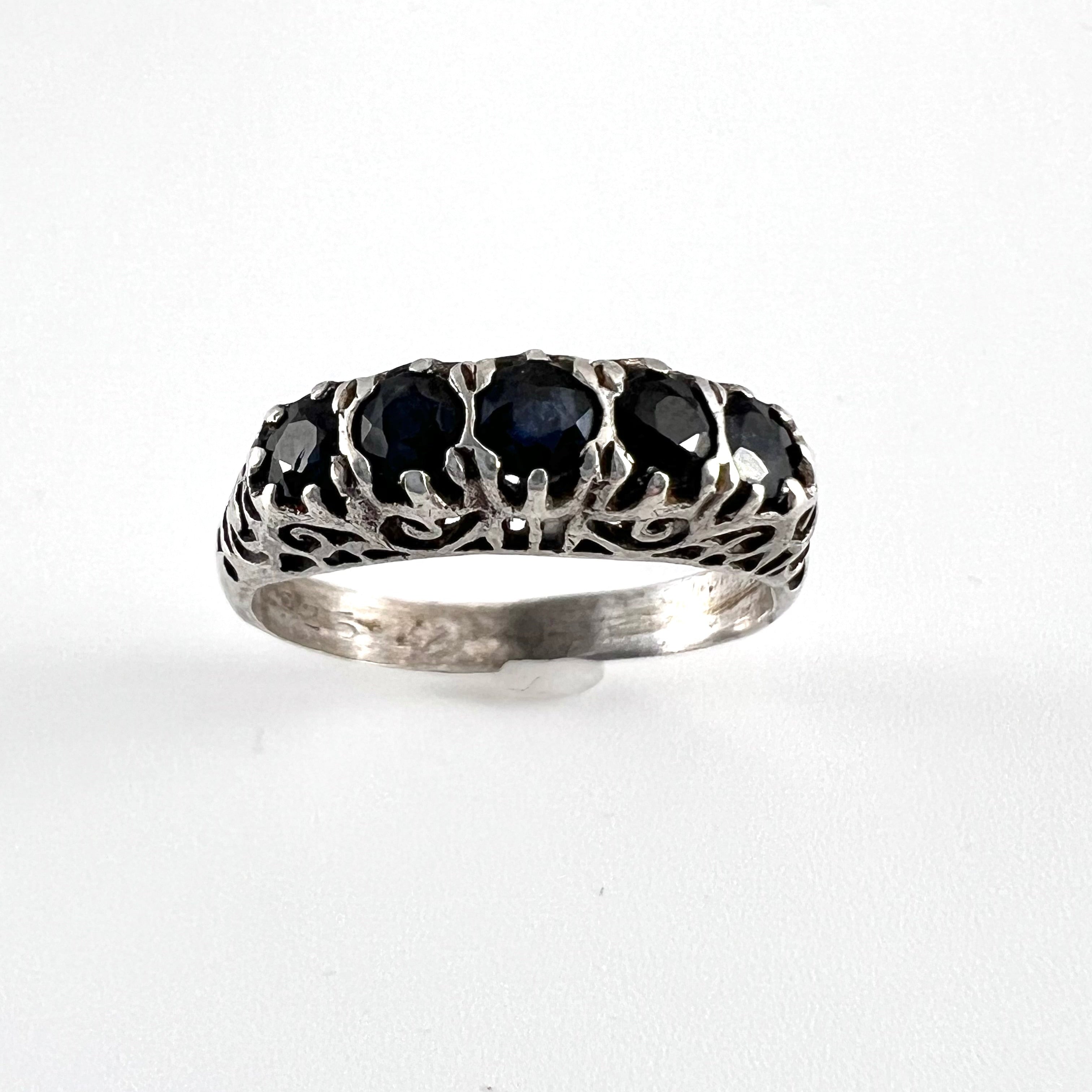 Vintage Sterling Silver Filigree Ring with Dark Blue Sapphires